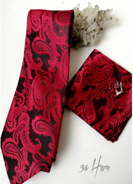 Луксозен комплект сватбена вратовръзка кърпичка и ръкавели в червено и черно
